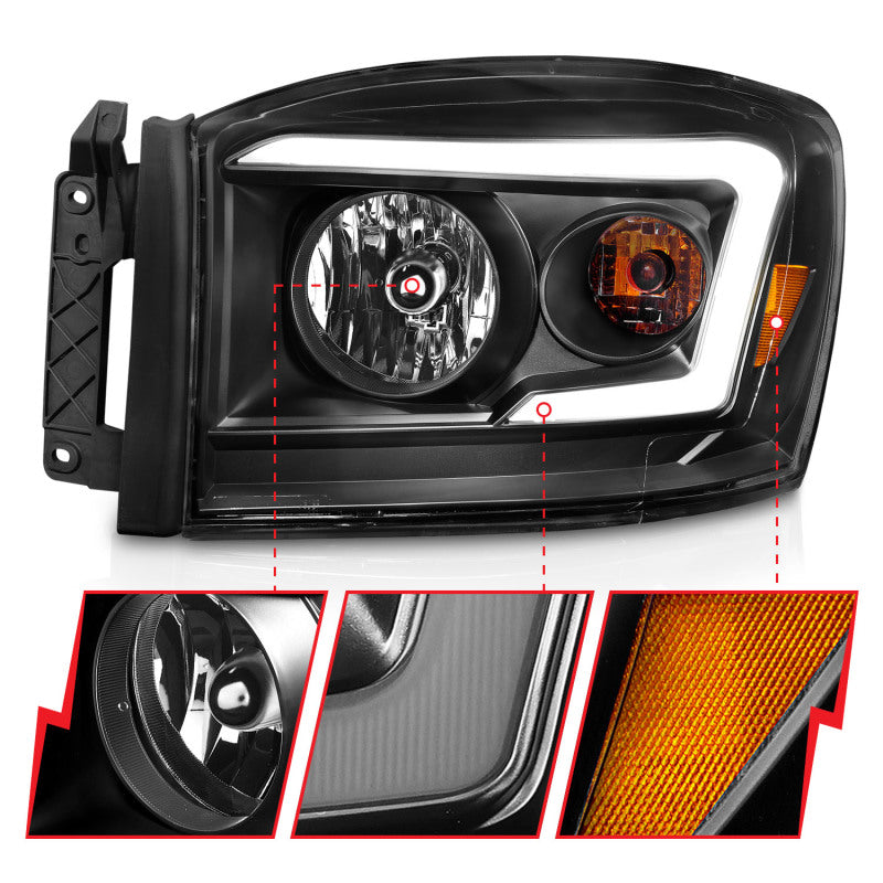 Anzo 06-09 Dodge RAM 1500/2500/3500 Headlights Black Housing/Clear Lens (w/ Light Bars)