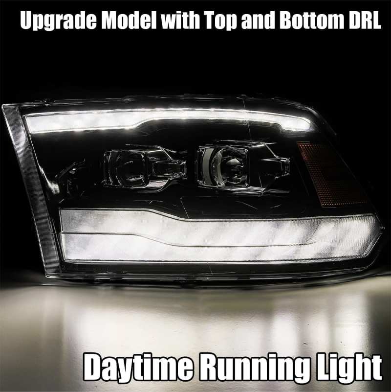 AlphaRex 09-18 Dodge Ram 1500HD LUXX LED Proj Headlights Plnk Style Blk w/Activ Light/Seq Signal/DRL