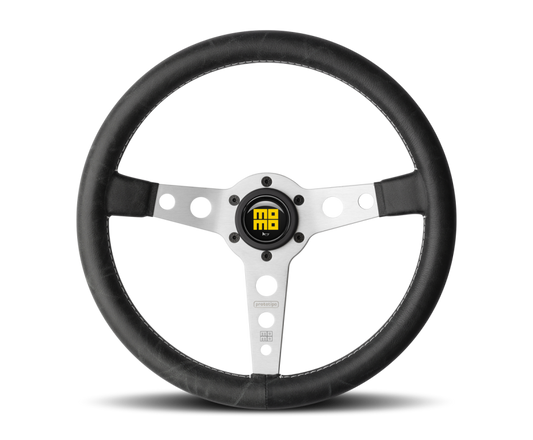 Momo Prototipo Steering Wheel 350 mm - Black Leather/White Stitch/Brshd Spokes