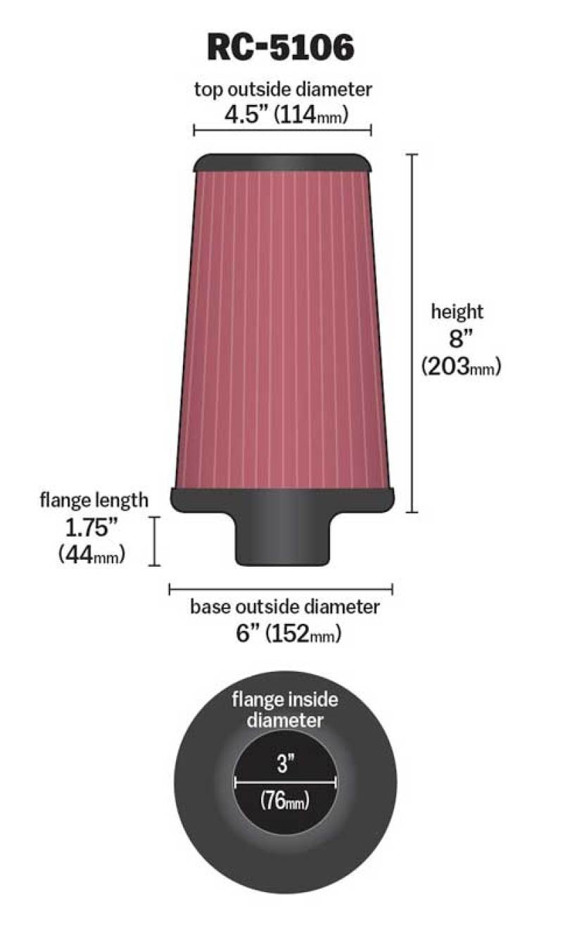 K&N Universal Chrome Round Tapered Air Filter 3in FlangeID / 6in Base OD / 4.5in Top OD / 8in Height