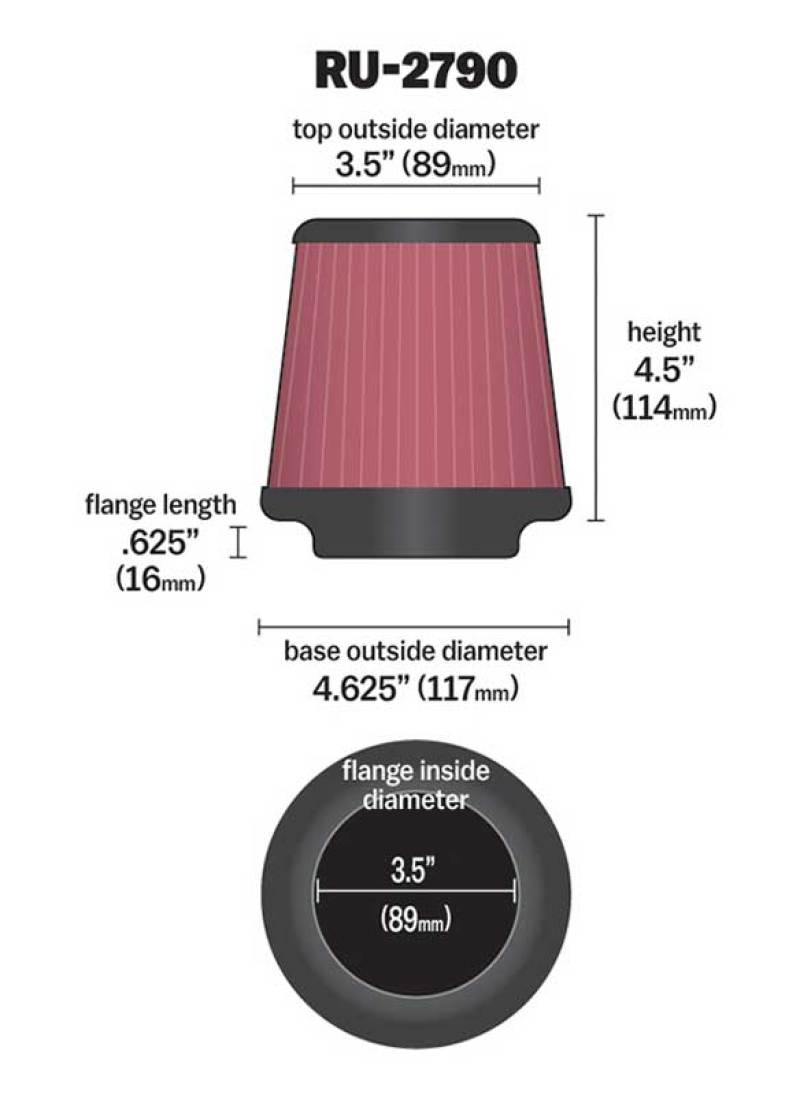 K&N Filter Universal Rubber Filter 3 1/2 inch Flange 4 5/8 inch Base 3 1/2 inch Top 4 1/2 inch Heigh