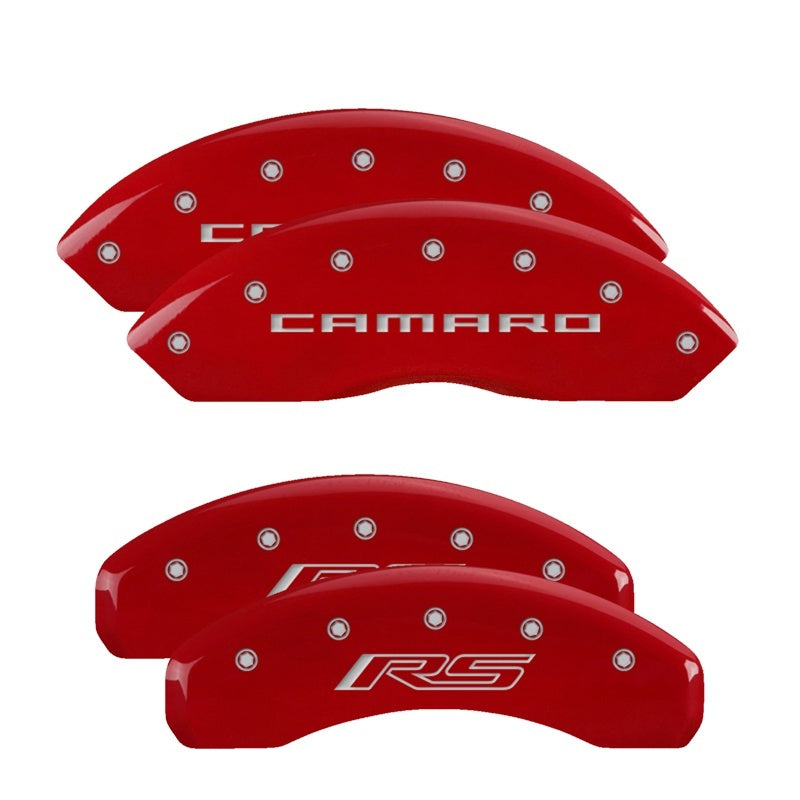 MGP 4 Caliper Covers Engraved Front Gen 5/Camaro Engraved Rear Gen 5/RS Red finish silver ch