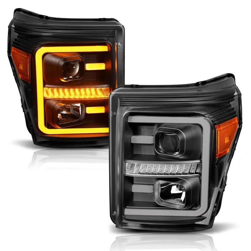 ANZO 2011-2016 Ford F250 Projector Headlights w/ Plank Style Switchback Black w/ Amber